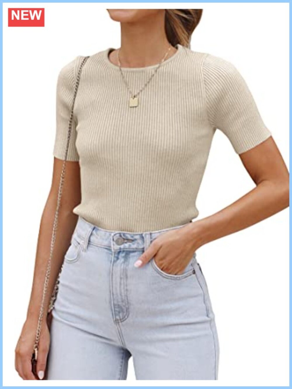 Women's Short Sleeve Ribbed Knit Crew Neck Slim Fit T-Shirt Solid Color Summer